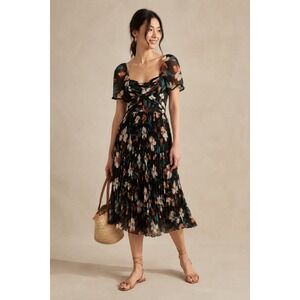 Foxiedox Floral‎ Wedding Guest Pleated Midi Dress Black Flutter Sleeve XS